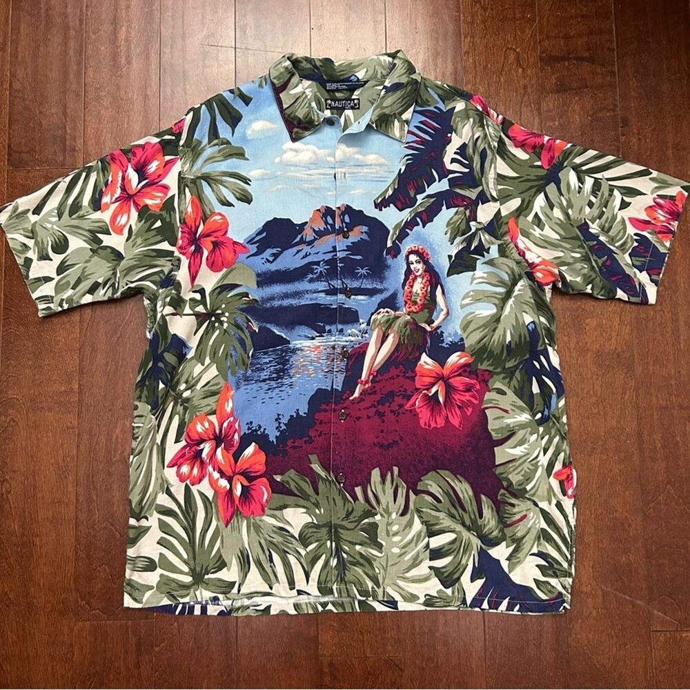 Nautica Men’s Hawaiian Linen Rayon Blend Casual Button Down Shirt, Size Large